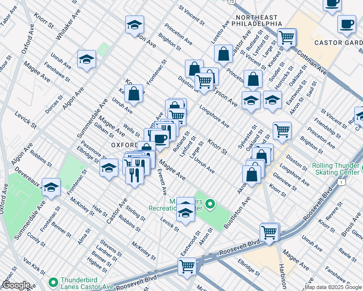 map of restaurants, bars, coffee shops, grocery stores, and more near 6703 Rutland Street in Philadelphia