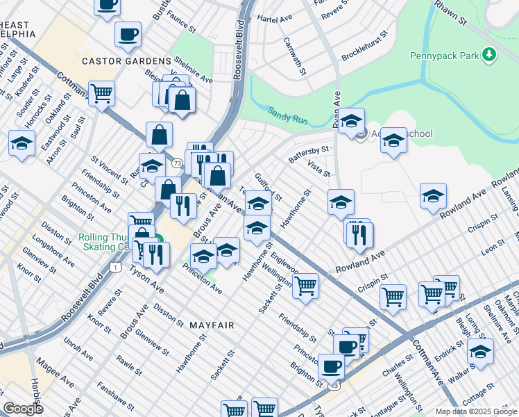 map of restaurants, bars, coffee shops, grocery stores, and more near 3000 Teesdale Street in Philadelphia