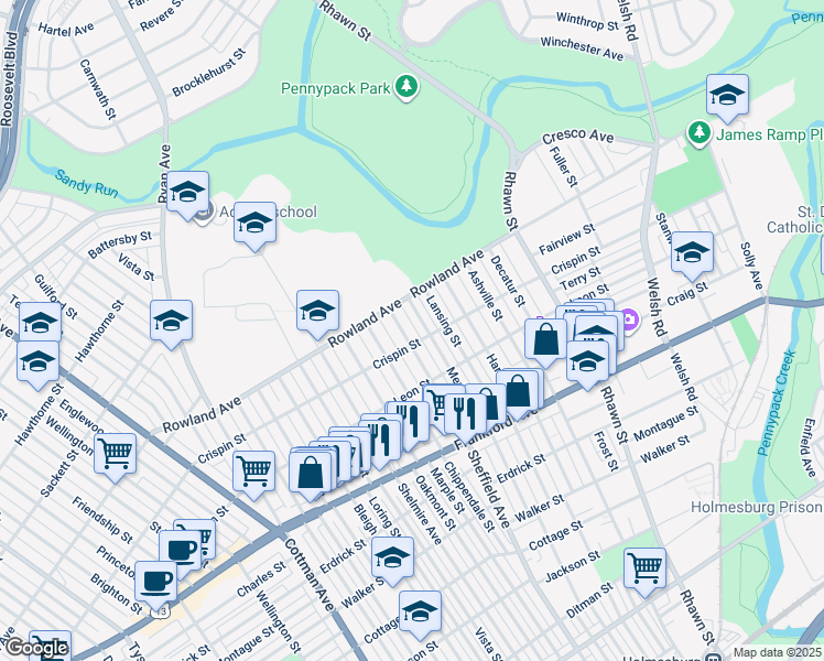 map of restaurants, bars, coffee shops, grocery stores, and more near 3333 Sheffield Avenue in Philadelphia