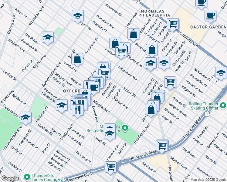 map of restaurants, bars, coffee shops, grocery stores, and more near 6719 Lynford Street in Philadelphia