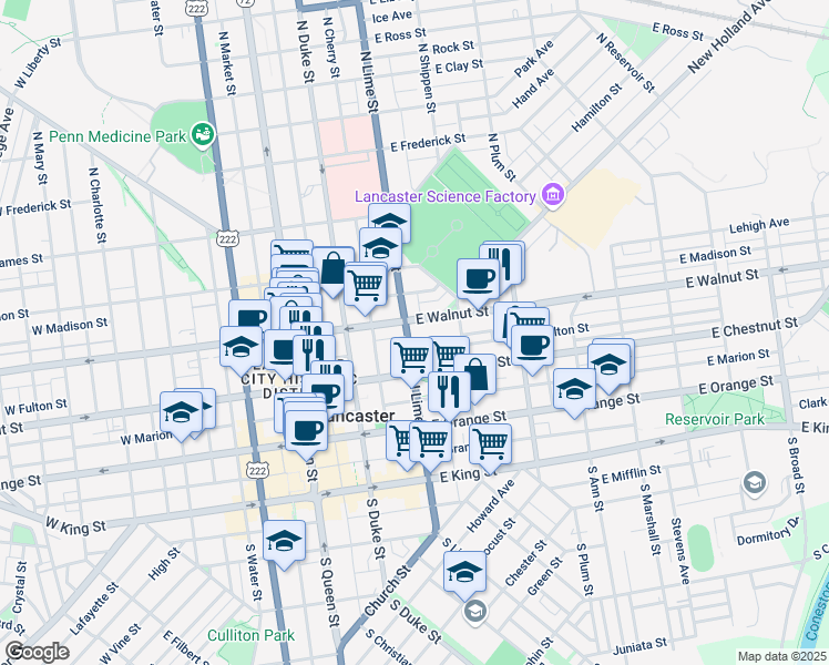 map of restaurants, bars, coffee shops, grocery stores, and more near 237 North Lime Street in Lancaster