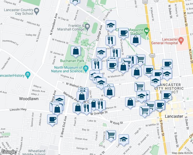 map of restaurants, bars, coffee shops, grocery stores, and more near 340 Nevin Street in Lancaster
