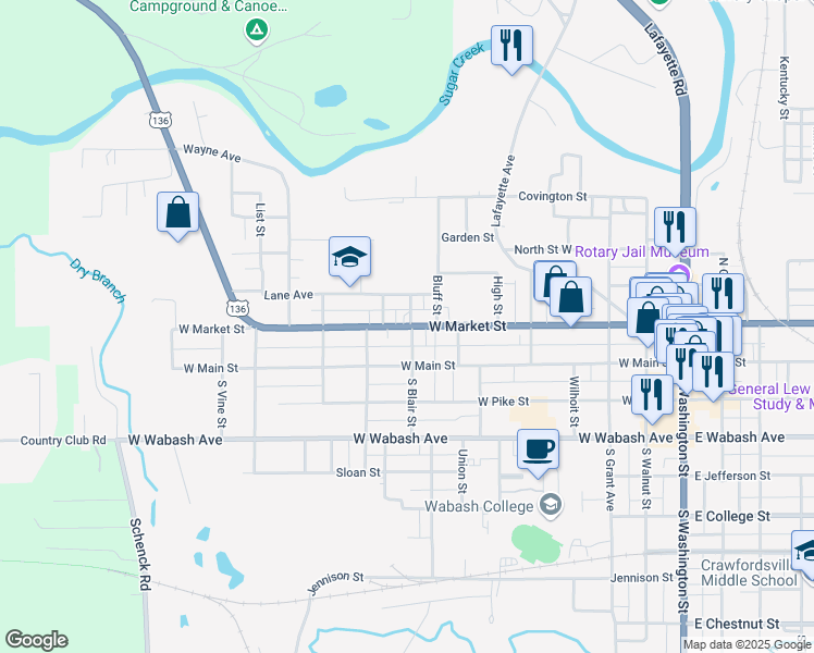 map of restaurants, bars, coffee shops, grocery stores, and more near 3794 U.S. 136 in Crawfordsville