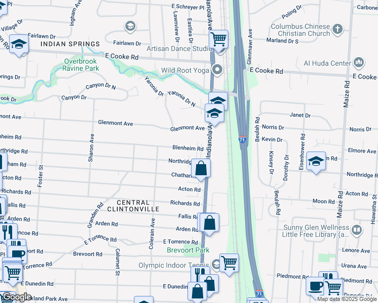 map of restaurants, bars, coffee shops, grocery stores, and more near 613 Blenheim Road in Columbus