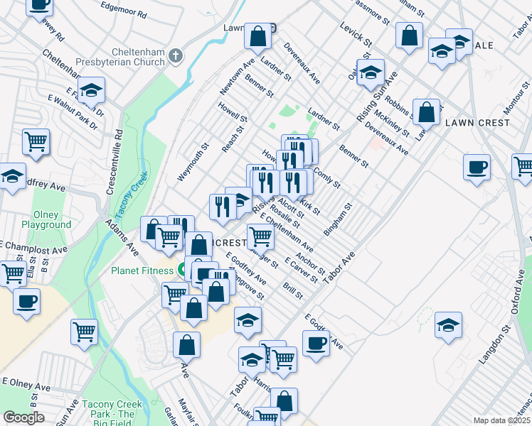 map of restaurants, bars, coffee shops, grocery stores, and more near 513 East Cheltenham Avenue in Philadelphia