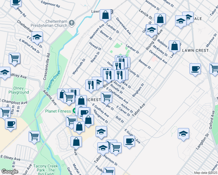 map of restaurants, bars, coffee shops, grocery stores, and more near 513 East Cheltenham Avenue in Philadelphia