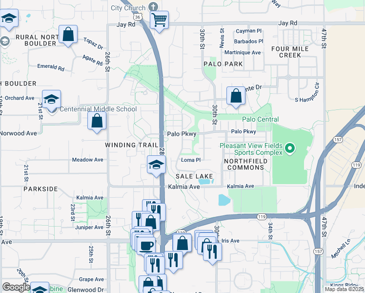 map of restaurants, bars, coffee shops, grocery stores, and more near 3701 Paseo Del Prado Street in Boulder