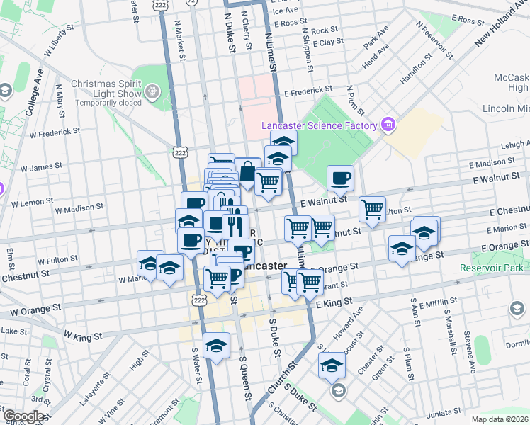 map of restaurants, bars, coffee shops, grocery stores, and more near 237 North Cherry Street in Lancaster