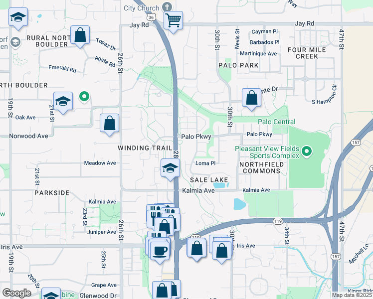 map of restaurants, bars, coffee shops, grocery stores, and more near 2800 Palo Parkway in Boulder
