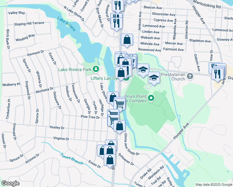 map of restaurants, bars, coffee shops, grocery stores, and more near 303 Brick Boulevard in Brick Township