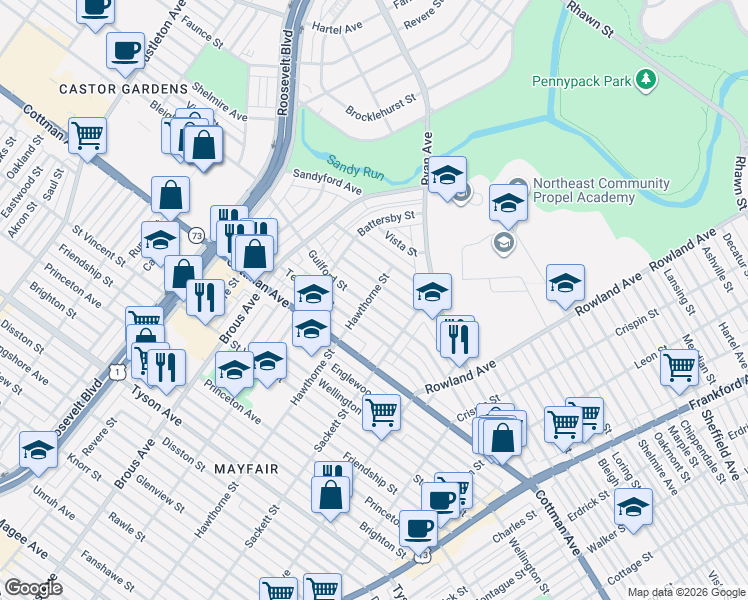 map of restaurants, bars, coffee shops, grocery stores, and more near 3100 Guilford Street in Philadelphia