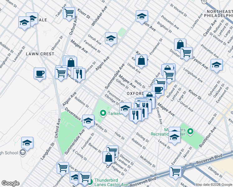 map of restaurants, bars, coffee shops, grocery stores, and more near 1232 Passmore Street in Philadelphia
