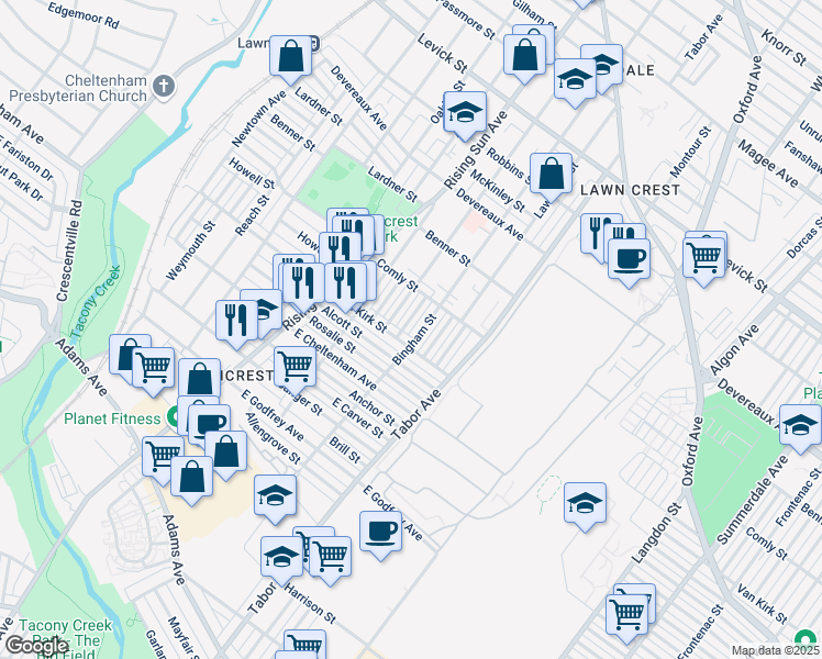 map of restaurants, bars, coffee shops, grocery stores, and more near 5917 Bingham Street in Philadelphia