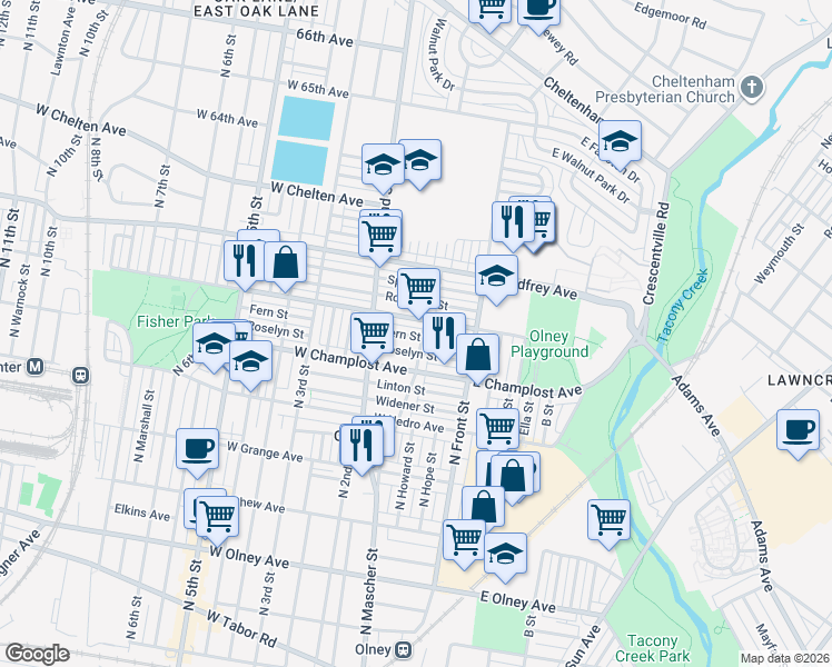 map of restaurants, bars, coffee shops, grocery stores, and more near 128 Fern Street in Philadelphia