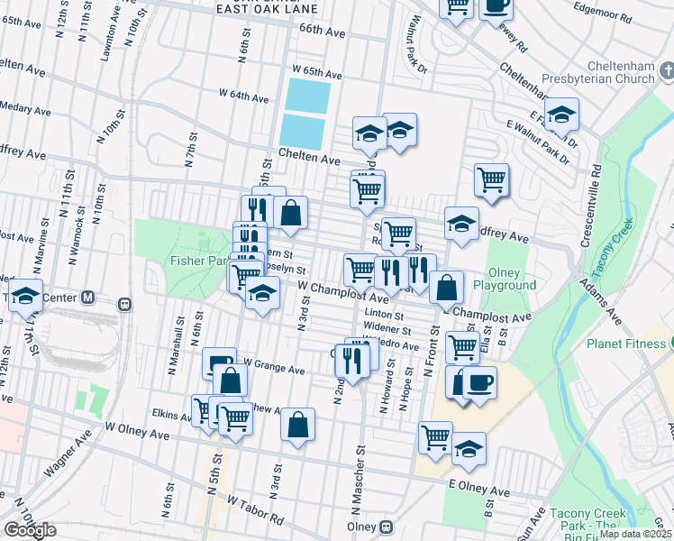 map of restaurants, bars, coffee shops, grocery stores, and more near 6032 North Philip Street in Philadelphia