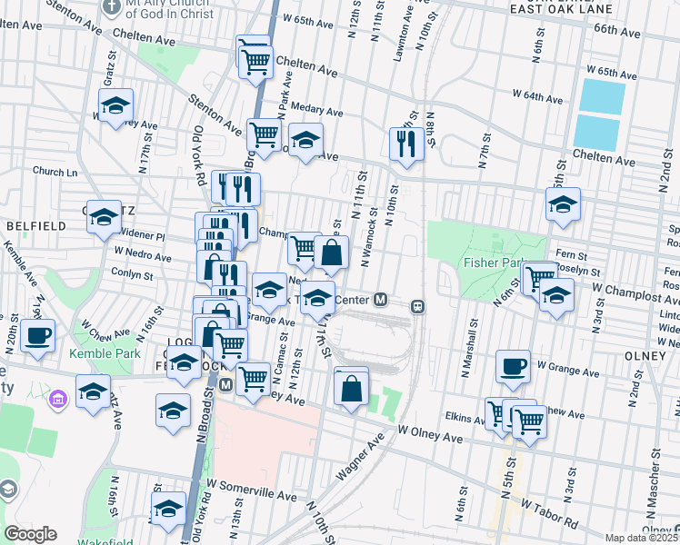 map of restaurants, bars, coffee shops, grocery stores, and more near 5910 North Warnock Street in Philadelphia