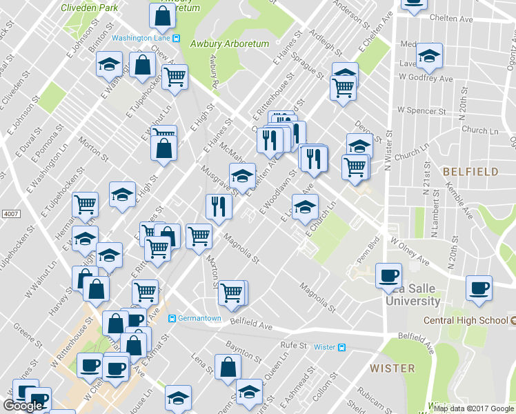 map of restaurants, bars, coffee shops, grocery stores, and more near 5647 Musgrave Street in Philadelphia