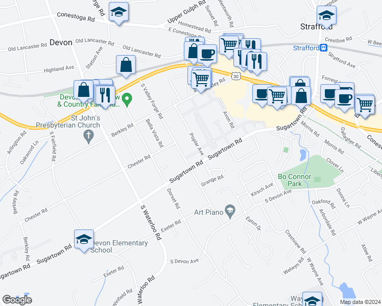map of restaurants, bars, coffee shops, grocery stores, and more near 320 South Valley Forge Road in Devon