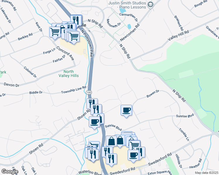 map of restaurants, bars, coffee shops, grocery stores, and more near 122 Whiteland Hills Circle in Exton
