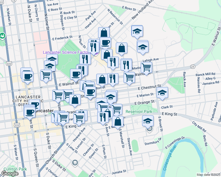 map of restaurants, bars, coffee shops, grocery stores, and more near 531 Pennsylvania 23 in Lancaster