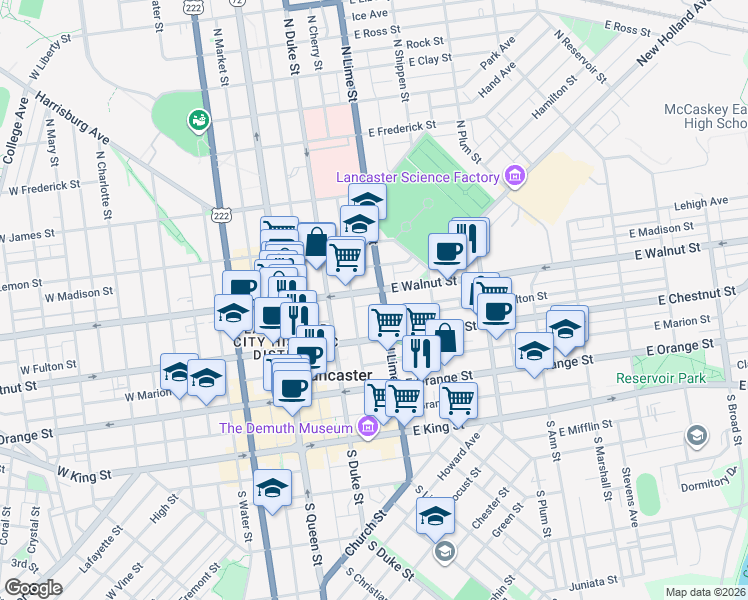 map of restaurants, bars, coffee shops, grocery stores, and more near 223 North Lime Street in Lancaster