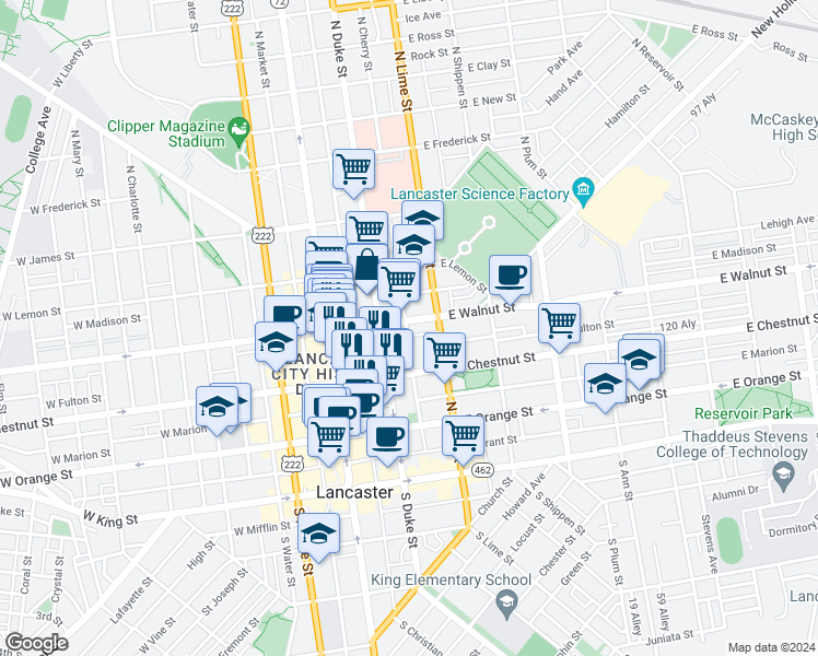 map of restaurants, bars, coffee shops, grocery stores, and more near 237 North Cherry Street in Lancaster