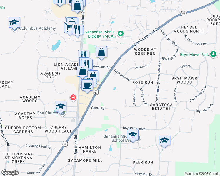 map of restaurants, bars, coffee shops, grocery stores, and more near 4200 East Johnstown Road in Columbus