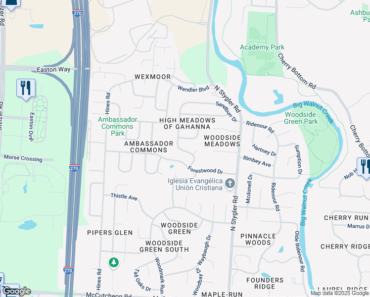 map of restaurants, bars, coffee shops, grocery stores, and more near 887 Windbourne Street in Gahanna