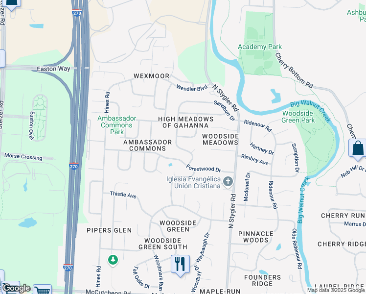 map of restaurants, bars, coffee shops, grocery stores, and more near 887 Windbourne Street in Gahanna