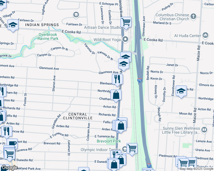 map of restaurants, bars, coffee shops, grocery stores, and more near 588 Northridge Road in Columbus