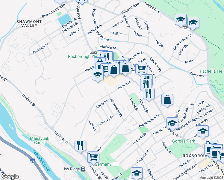 map of restaurants, bars, coffee shops, grocery stores, and more near 418 Paoli Avenue in Philadelphia