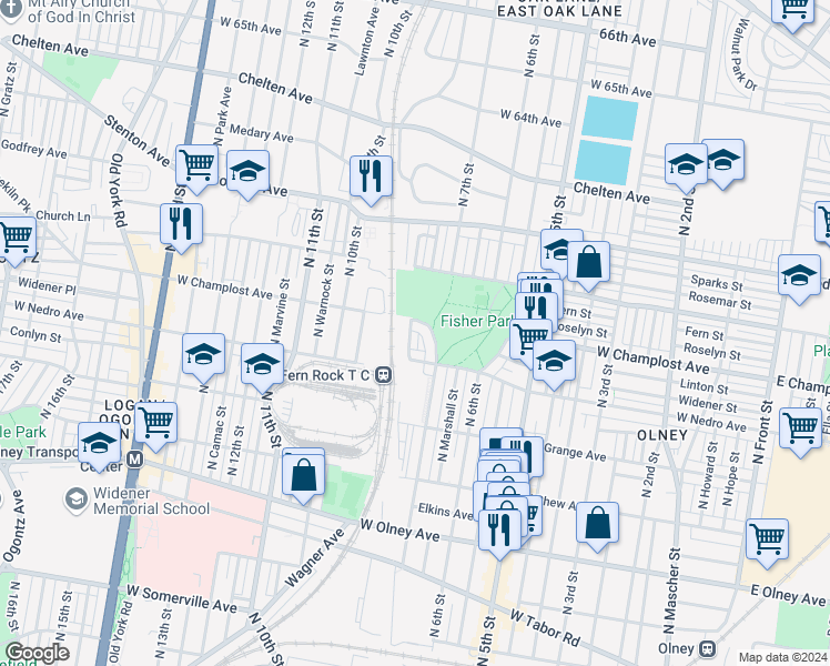 map of restaurants, bars, coffee shops, grocery stores, and more near 5939 North Franklin Street in Philadelphia