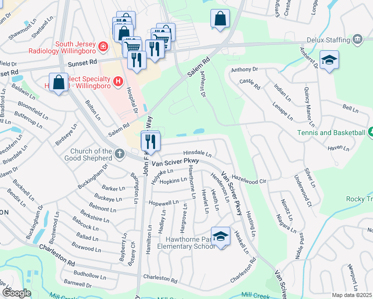 map of restaurants, bars, coffee shops, grocery stores, and more near 38 Hinsdale Lane in Willingboro