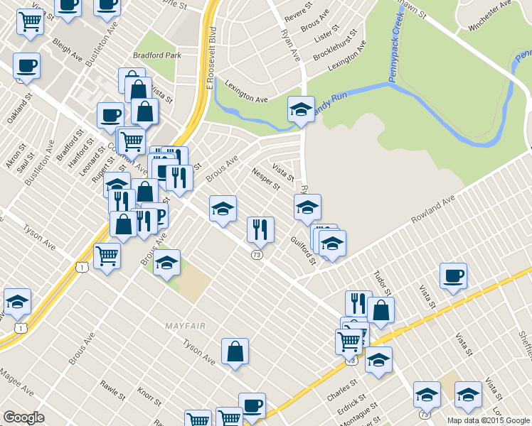 map of restaurants, bars, coffee shops, grocery stores, and more near 3101 Guilford Street in Philadelphia