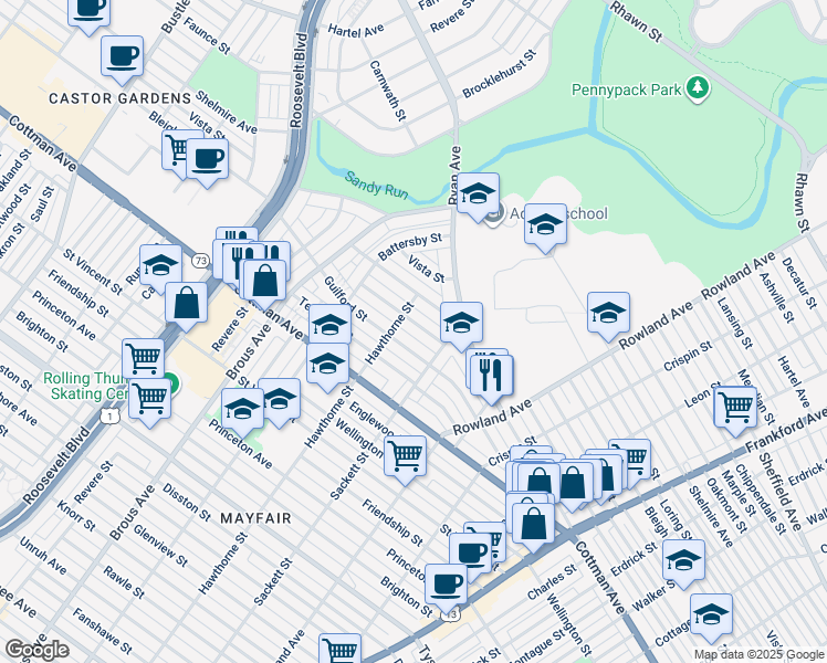 map of restaurants, bars, coffee shops, grocery stores, and more near 3112 Windish Street in Philadelphia
