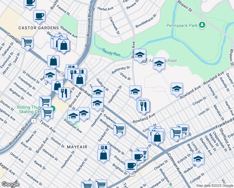 map of restaurants, bars, coffee shops, grocery stores, and more near 3101 Guilford Street in Philadelphia
