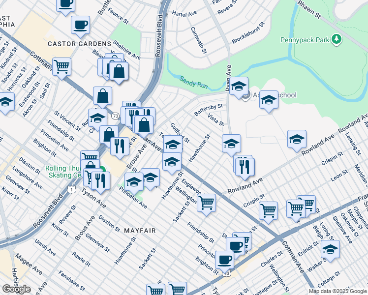 map of restaurants, bars, coffee shops, grocery stores, and more near 3017 Teesdale Street in Philadelphia
