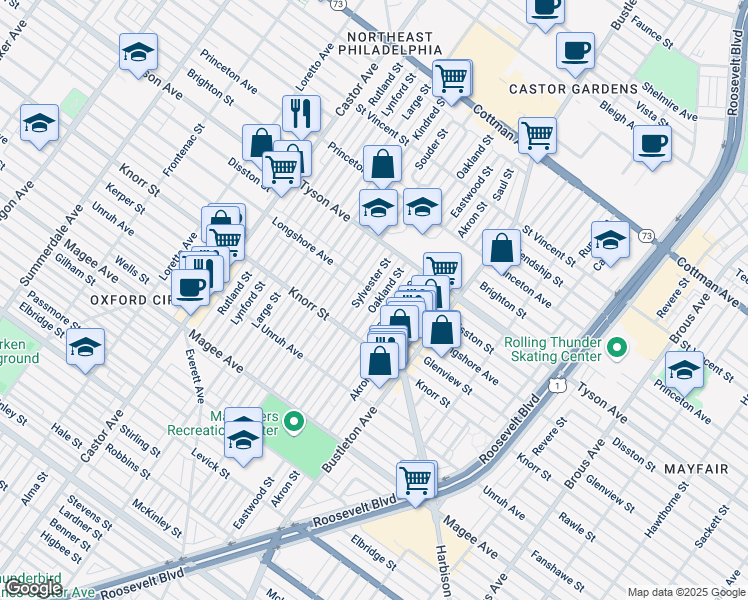 map of restaurants, bars, coffee shops, grocery stores, and more near 6846 Oakland Street in Philadelphia