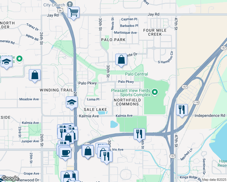 map of restaurants, bars, coffee shops, grocery stores, and more near 3709 Paonia Street in Boulder