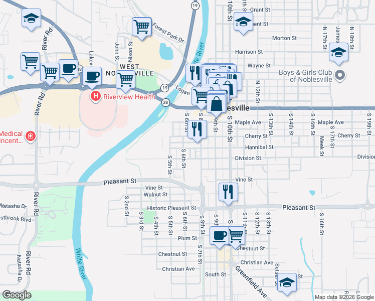 map of restaurants, bars, coffee shops, grocery stores, and more near 608 Division Street in Noblesville