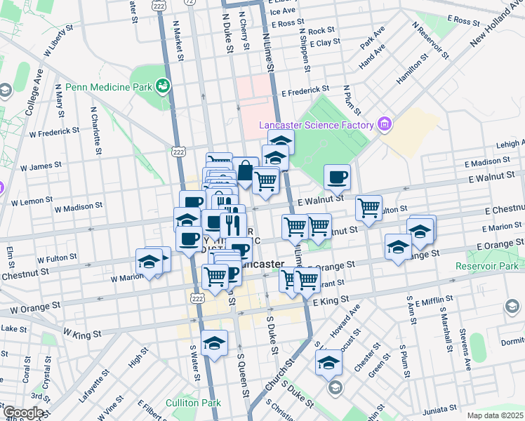 map of restaurants, bars, coffee shops, grocery stores, and more near 104 East Walnut Street in Lancaster