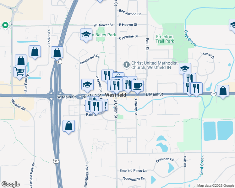 map of restaurants, bars, coffee shops, grocery stores, and more near in Westfield