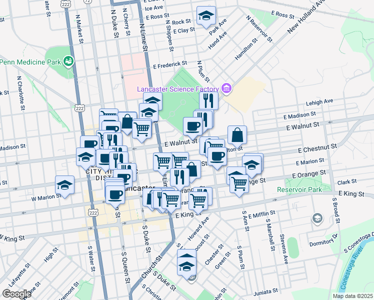 map of restaurants, bars, coffee shops, grocery stores, and more near 231 North Shippen Street in Lancaster