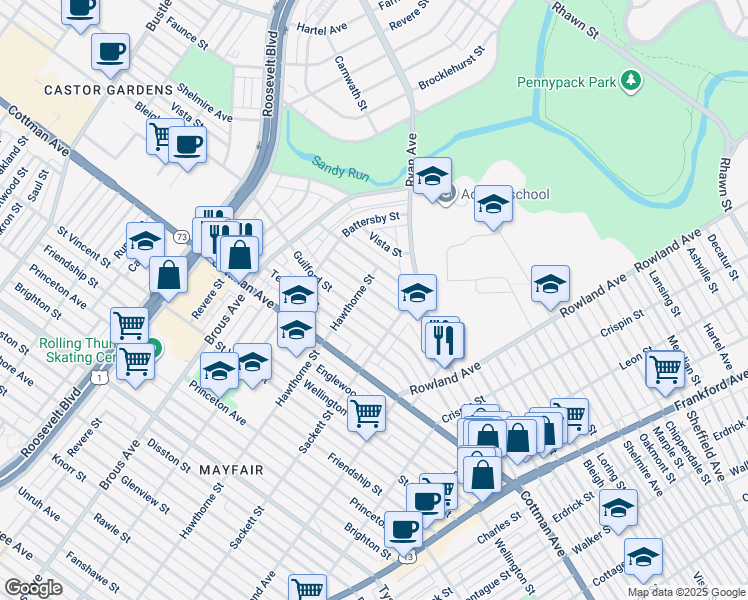 map of restaurants, bars, coffee shops, grocery stores, and more near 3112 Windish Street in Philadelphia