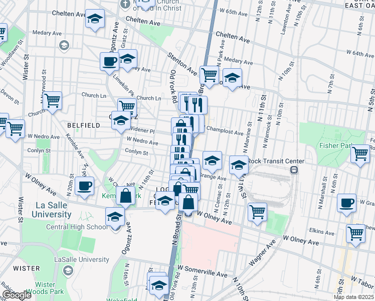map of restaurants, bars, coffee shops, grocery stores, and more near 5810 North Broad Street in Philadelphia