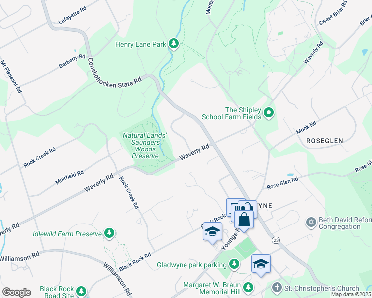 map of restaurants, bars, coffee shops, grocery stores, and more near 504 Scott Road in Gladwyne