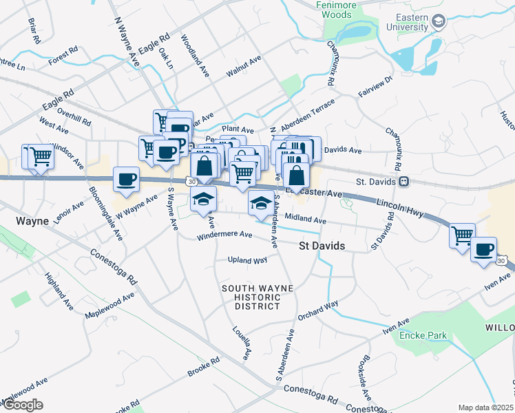 map of restaurants, bars, coffee shops, grocery stores, and more near 219 Midland Avenue in Wayne