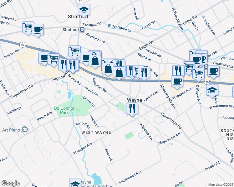 map of restaurants, bars, coffee shops, grocery stores, and more near 260 South Devon Avenue in Wayne