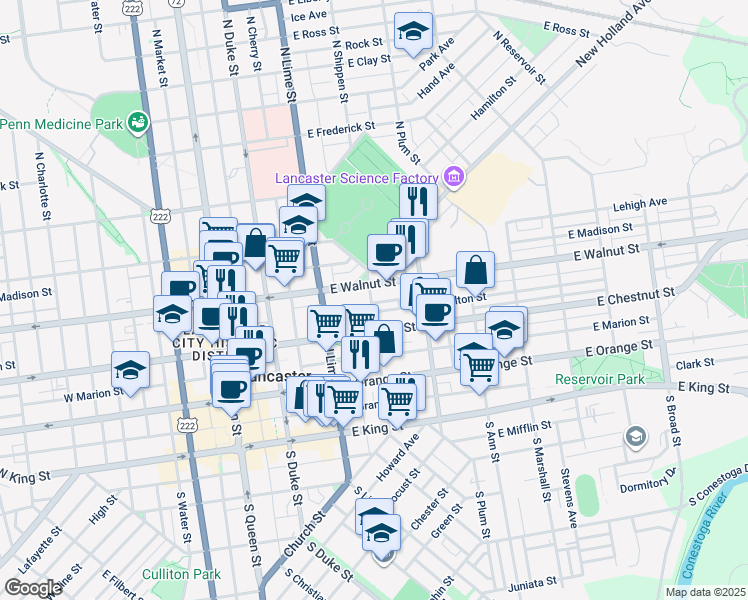 map of restaurants, bars, coffee shops, grocery stores, and more near 231 North Shippen Street in Lancaster