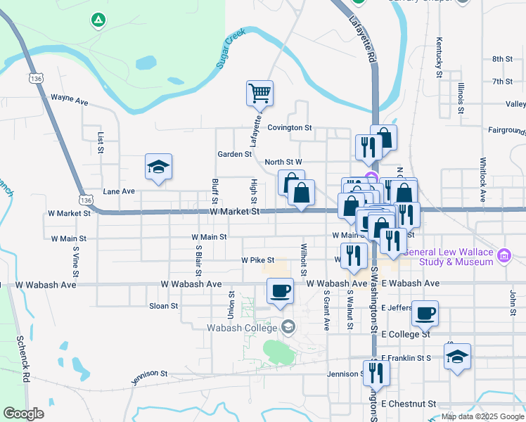 map of restaurants, bars, coffee shops, grocery stores, and more near 511 West Market Street in Crawfordsville